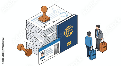 Travel documentation and passport control concept with travelers and luggage at the airport.