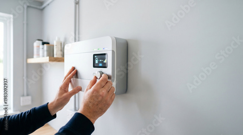 Hands adjusting home energy storage battery system in utility room