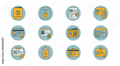 Collection of circular blue and gold technology and business icons for digital interfaces.