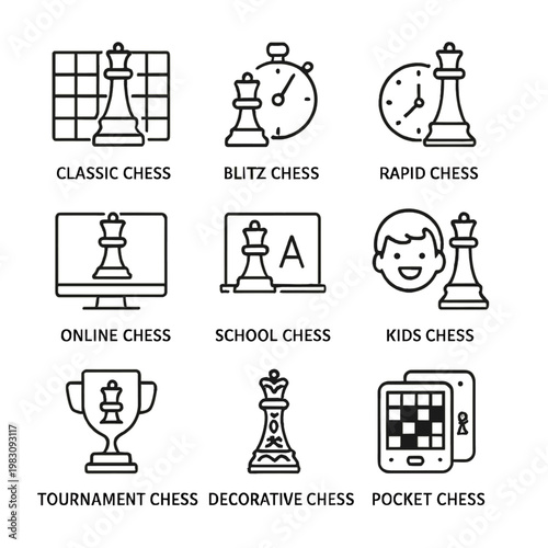 Diverse chess forms icons: classic, blitz, rapid, online, and more variants