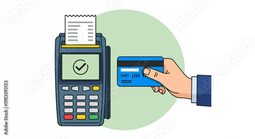 Point of sale payment terminal with card being inserted for transaction and confirmation display.
