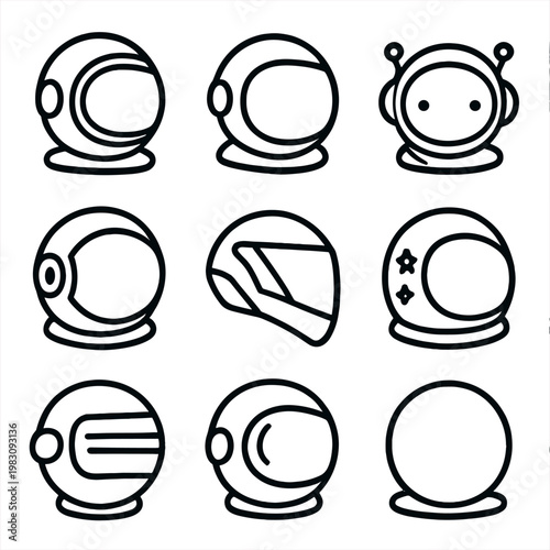Collection of minimalist space helmets in various designs with unique features