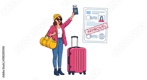 Woman traveler with luggage and passport posing for a travel selfie at the airport.
