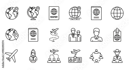 Set of travel and global connectivity icons featuring airplane, globe, passport, and people for illustration and design.