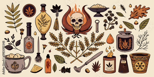 Mystical witchcraft and herbalist ritual elements collection, vector