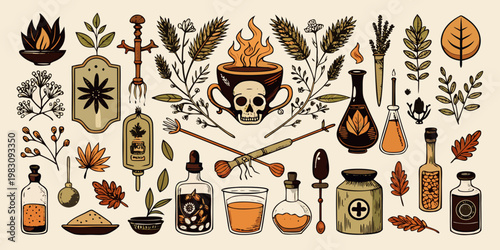 Vintage apothecary and witchcraft elements set, vector