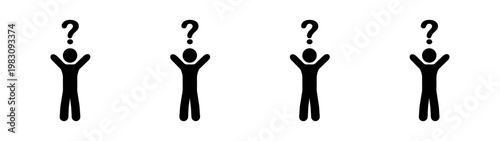 four anonymous silhouettes with question marks representing uncertainty and decision making