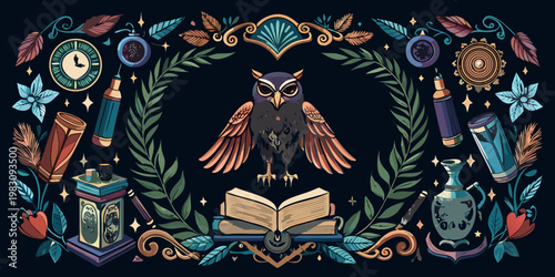 Wise owl with open books and mystical objects, vector