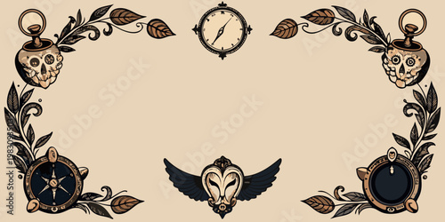 Vintage steampunk border with skulls and compasses, vector