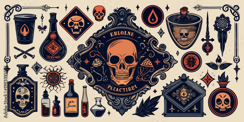 Vintage gothic alchemy and occult elements collection, vector