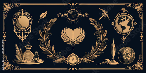 Vintage mystical symbols and esoteric gold icons set, vector