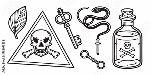 Gothic occult and alchemy line art illustration set, vector