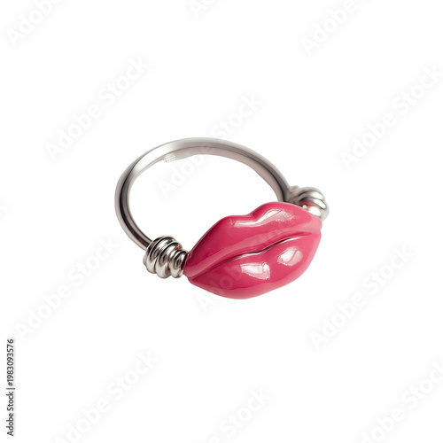 A silver nose ring with a realistic, glossy pink lip embellishment, set against a black background
