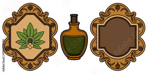 Ornate vintage frames and botanical bottle illustration, vector