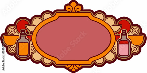 Ornate vintage apothecary label with potion bottles, vector