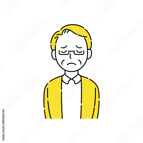 眼鏡をかけたシニア男性 目を閉じて困るシンプルイラスト 黄色アクセント