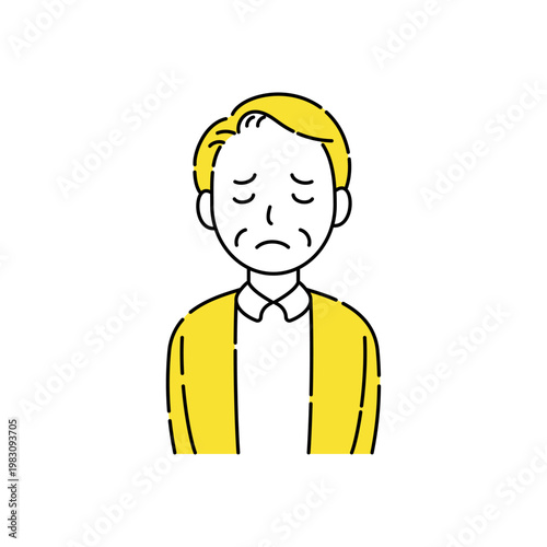 目を閉じて困るシニア男性のシンプルイラスト 黄色アクセント