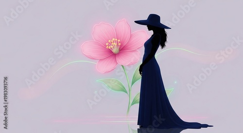 silhouette woman in hat standing next to pink flower