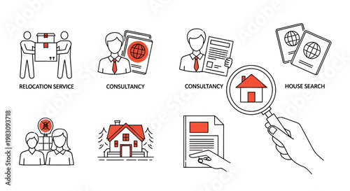 Community and Housing Support Icons Depict Relocation and Home Search.
