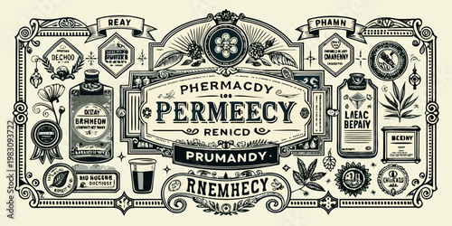 Vintage apothecary pharmacy label with ornate elements, vector