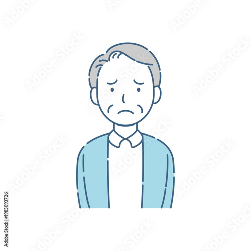 シニア男性の困った顔 シンプルイラスト ブルーグレー配色