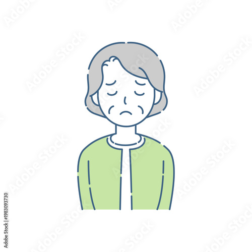 目を閉じて困るシニア女性 シンプルなグリーングレー配色イラスト