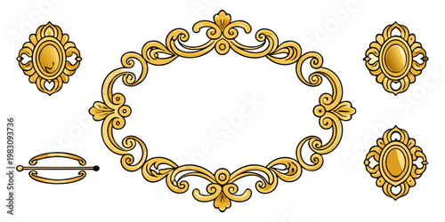 Ornate Golden Baroque Frame and Ornament Set Collection, vector