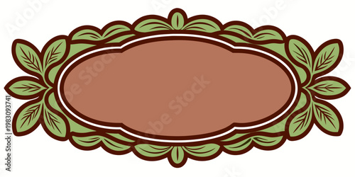 Vintage ornamental green foliage oval frame label, vector