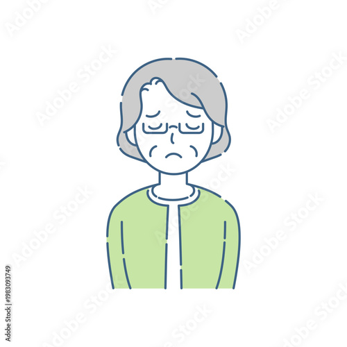 眼鏡をかけたシニア女性 困り顔で目を閉じるシンプルイラスト グリーングレー