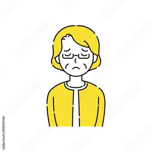 眼鏡をかけたシニア女性 目を閉じて困るシンプルイラスト 黄色アクセント