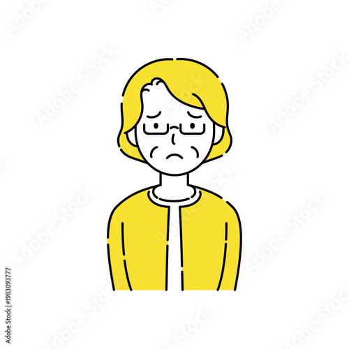 困った表情の眼鏡をかけたシニア女性 シンプルな黄色アクセントイラスト