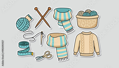 Colorful sticker-style illustration of knitting supplies featuring balls of yarn, knitting needles, a striped scarf, sweater and basket — ideal for craft, DIY, textile and hobby design projects.