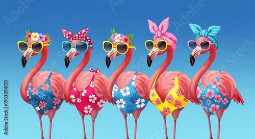 Vibrant flamingos adorned with colorful accessories and retro sunglasses in a pixelated art style