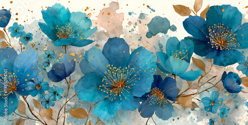 Arrière-plan floral abstrait à l'aquarelle bleue et dorée pour design d'invitation élégant