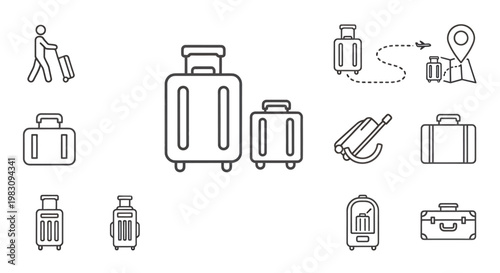 Set of travel luggage and accessories icons for travel and vacation design projects.