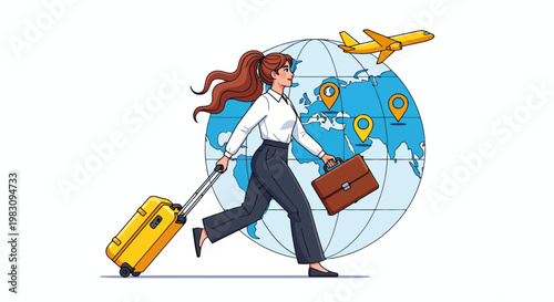 Energetic traveler pulling a suitcase beside a globe and map, planning new destinations.