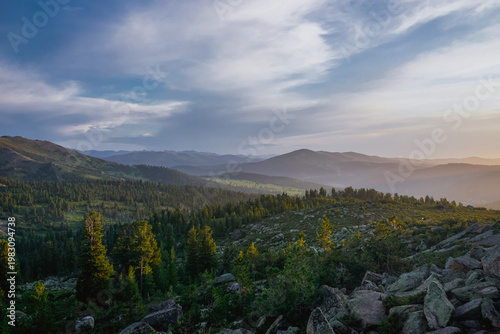 Sunset over the taiga in the Ergaki Nature Reserve