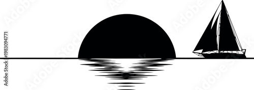 Sailboat Silhouette Under Large Sunset Moon Over Calm Water