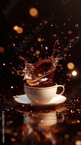 Espresso Splash in Cup with Golden Bubbles