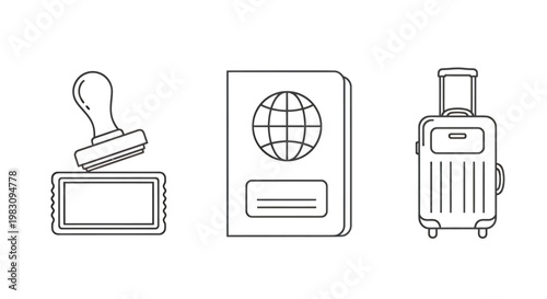 Travel essentials icons showing passport globe and suitcase in a simple illustration.