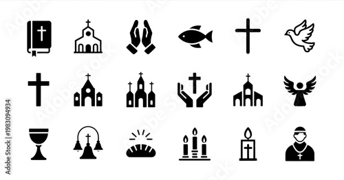 Christian Religion Icons Set Church Cross Prayer Dove Angel Bible Vector Illustration