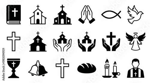 Christian Religion Icons Set Church Cross Prayer Dove Angel Bible Vector Illustration