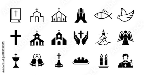 Christian Religion Icons Set Church Cross Prayer Dove Angel Bible Vector Illustration