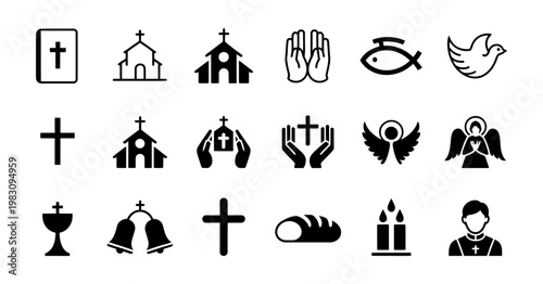 Christian Religion Icons Set Church Cross Prayer Dove Angel Bible Vector Illustration