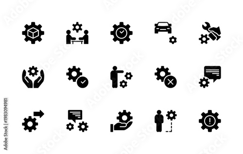 Cogwheels vector silhouette icons set. Isolated icon collection such as pinion, design, gear, time, auto, settings, workflow, control, operator and more.