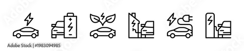 Car charging station vector linear icons set. Electric car charger place. Rechargeable battery station for automobile. Vector symbol editable stroke outline.