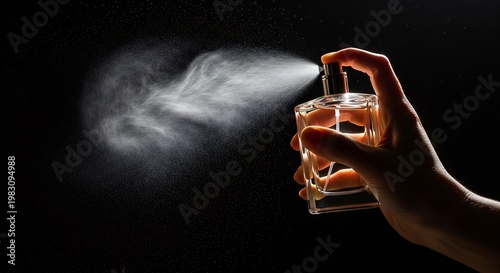 hand holding perfume bottle spraying fragrance on black background