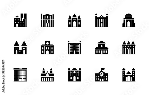 Building and structures vector silhouette icons. Isolated icon collection of buildings skyscraper, university, institute, mosque, hospital and more.