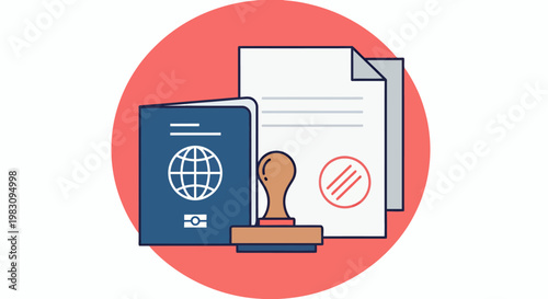 Illustration of travel documents, passport, and globe representing international travel and visas.