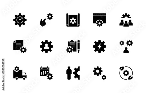 Cogwheels vector silhouette icons set. Isolated icon collection such as system, drawing, tools, work, labor, design, settings, workflow, cog, gear and more.